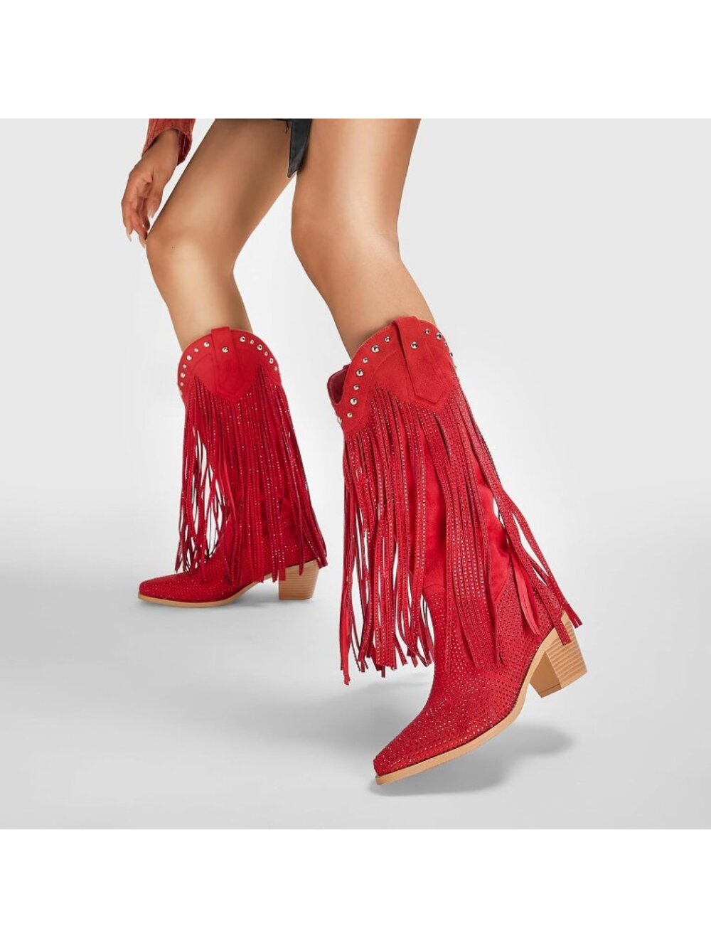 Women's Red Rhinestone Fringe Cowgirl Boots Sparkly Western Pointed Toe Pull On - Picture 4 of 6